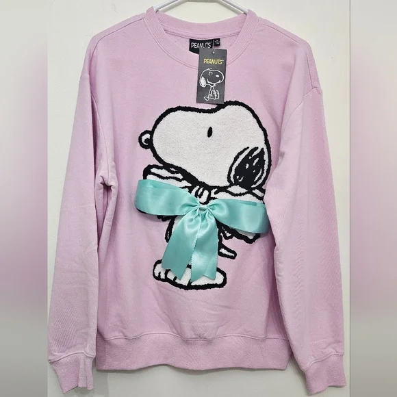 New Pink Snoopy Peanuts Cute Bow Valentines Sweater Size MEDIUM - Picture 1 of 6